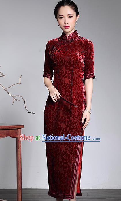 Traditional Chinese National Costume Elegant Hanfu Red Velvet Cheongsam, China Tang Suit Plated Buttons Qipao Chirpaur Dress for Women