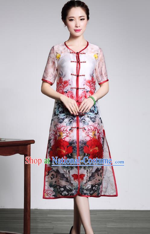 Traditional Chinese National Costume Elegant Hanfu Cheongsam Printing Peony Coat, China Tang Suit Plated Buttons Chirpaur Dust Coat for Women