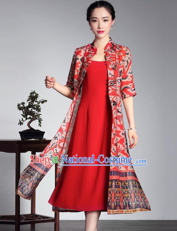 Traditional Chinese National Costume Elegant Hanfu Red Cheongsam Long Coat, China Tang Suit Plated Buttons Chirpaur Dust Coat for Women