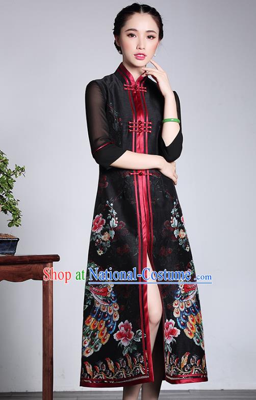 Traditional Chinese National Costume Elegant Hanfu Black Silk Cheongsam Long Coat, China Tang Suit Plated Buttons Chirpaur Dust Coat for Women