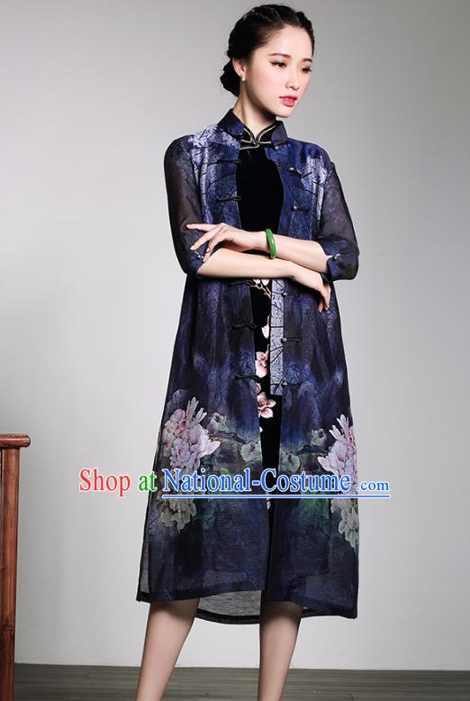 Traditional Chinese National Costume Elegant Hanfu Cheongsam Printing Peony Coat, China Tang Suit Plated Buttons Chirpaur Dust Coat for Women