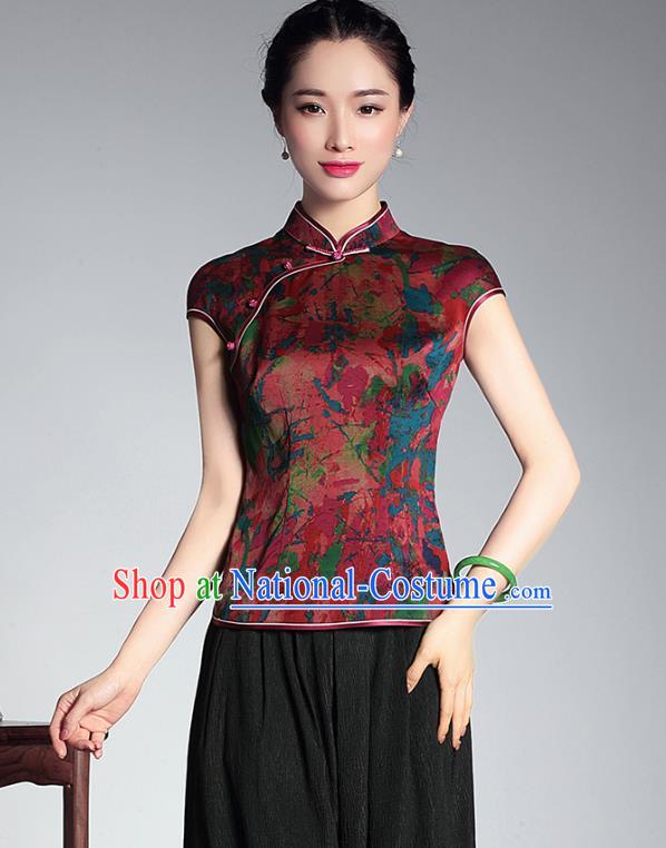 Traditional Chinese National Costume Elegant Hanfu Plated Button Red Silk Shirt, China Tang Suit Upper Outer Garment Cheongsam Blouse for Women