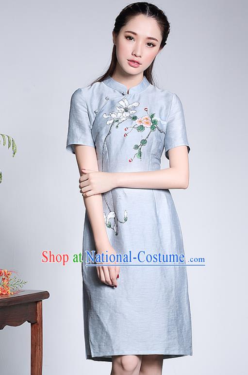 Traditional Chinese National Costume Elegant Hanfu Plated Buttons Blue Linen Qipao, China Tang Suit Hand Painting Cheongsam Dress for Women