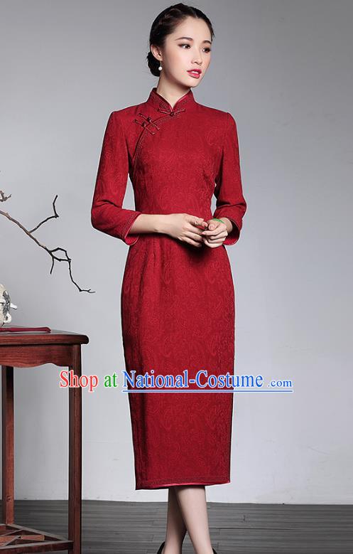 Traditional Chinese National Costume Elegant Hanfu Plated Button Mandarin Qipao, China Tang Suit Red Wedding Cheongsam for Women