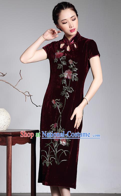 Traditional Chinese National Costume Hanfu Mandarin Qipao Dress, China Tang Suit Red Velvet Cheongsam for Women