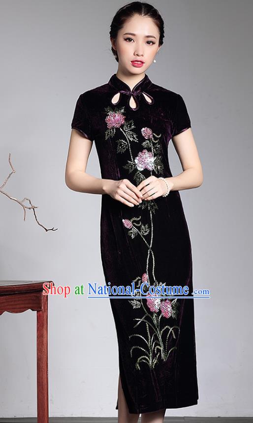 Traditional Chinese National Costume Hanfu Mandarin Qipao Dress, China Tang Suit Purple Velvet Cheongsam for Women