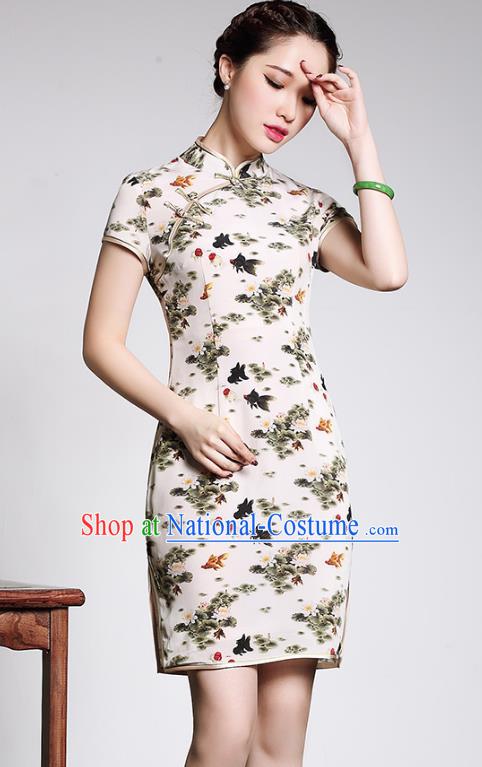 Traditional Chinese National Costume Hanfu Plated Button Printing Silk Qipao Dress, China Tang Suit Cheongsam for Women