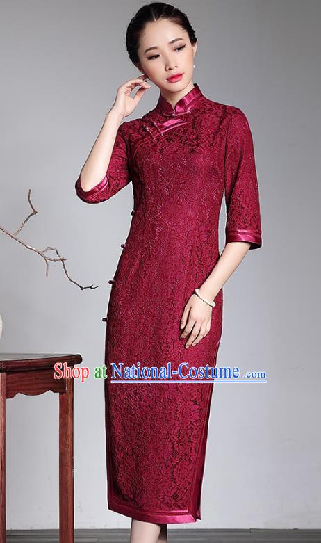 Traditional Chinese National Costume Red Lace Qipao Dress, China Tang Suit Chirpaur Cheongsam for Women