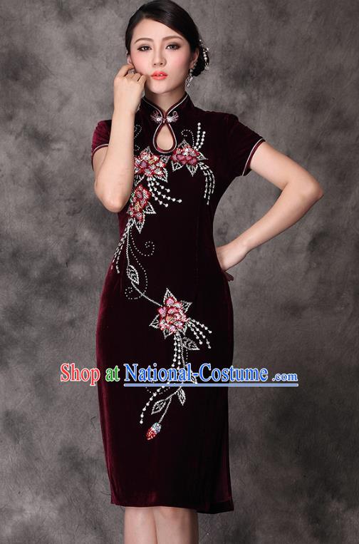 Traditional Chinese National Costume Wine Red Velvet Qipao Dress, China Tang Suit Chirpaur Cheongsam for Women