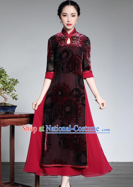 Traditional Chinese National Costume Long Qipao Dress, China Tang Suit Chirpaur Velvet Cheongsam for Women