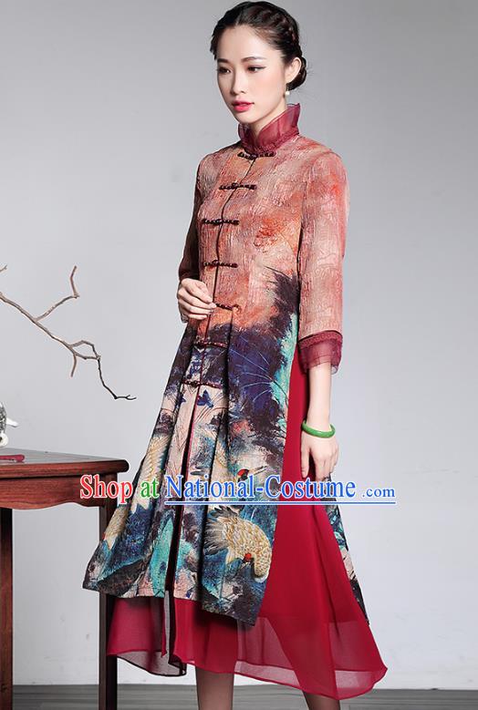 Traditional Chinese National Costume Long Qipao Coat, China Tang Suit Chirpaur Dust Coat for Women