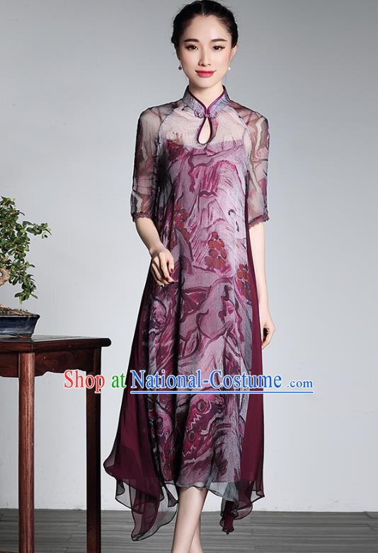 Traditional Chinese National Costume Elegant Hanfu Plated Button Mandarin Qipao, China Tang Suit Purple Silk Cheongsam for Women