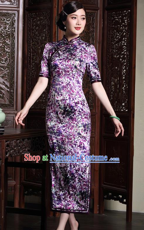 Traditional Chinese National Costume Elegant Hanfu Plated Button Mandarin Qipao, China Tang Suit Purple Silk Cheongsam for Women