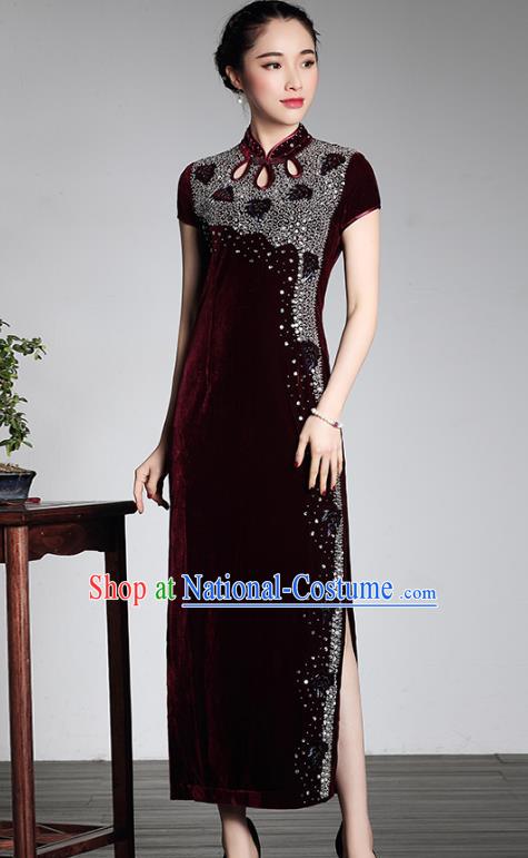 Traditional Chinese National Costume Plated Buttons Qipao, China Tang Suit Embroidered Chirpaur Top Grade Velvet Cheongsam for Women