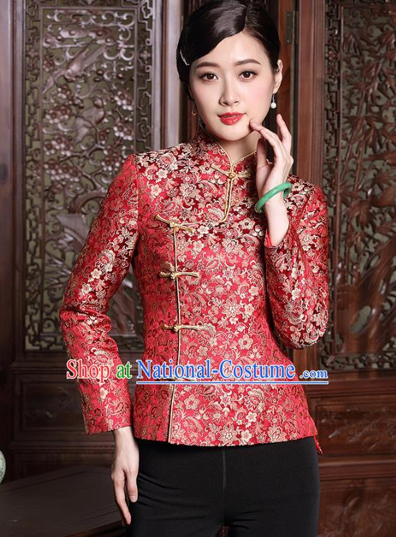 Traditional Chinese National Costume Plated Buttons Red Qipao Jacket, Top Grade Tang Suit Coat Cheongsam Upper Outer Garment for Women