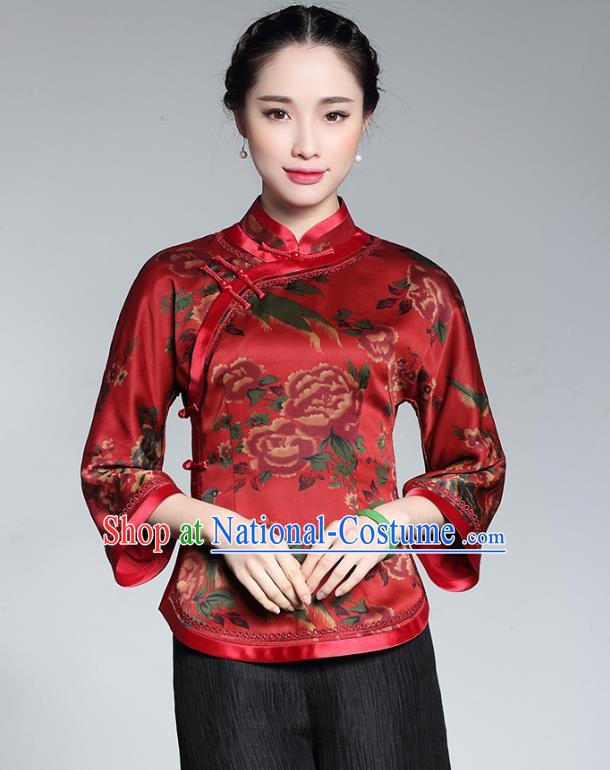 Traditional Chinese National Costume Plated Buttons Red Silk Qipao Blouse, Top Grade Tang Suit Shirts Cheongsam Upper Outer Garment for Women