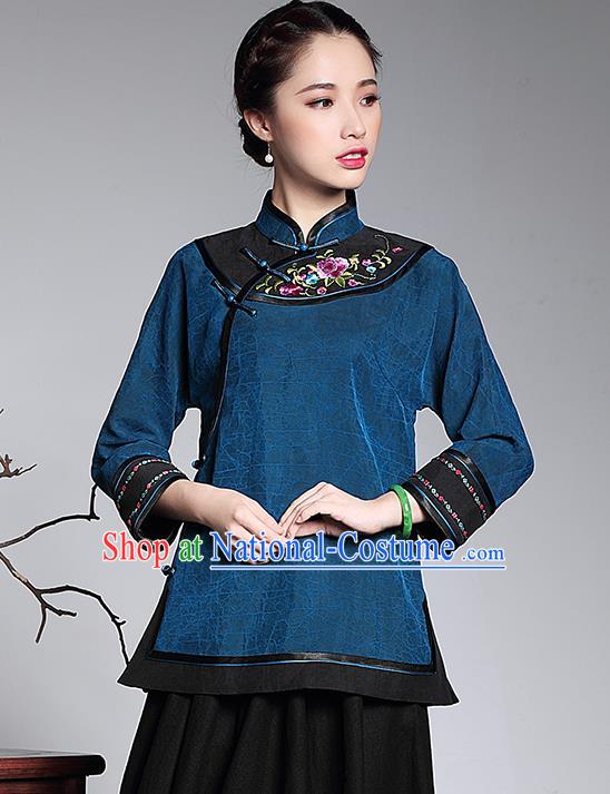 Traditional Chinese National Costume Plated Buttons Qipao Upper Outer Garment Blue Shirts, Top Grade Tang Suit Stand Collar Cheongsam Blouse for Women