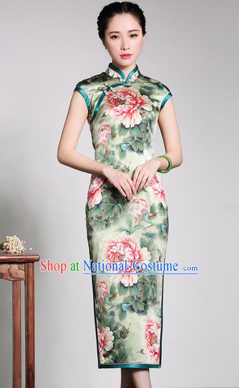 Traditional Chinese National Costume Printing Peony Green Silk Qipao, Top Grade Tang Suit Stand Collar Cheongsam Dress for Women