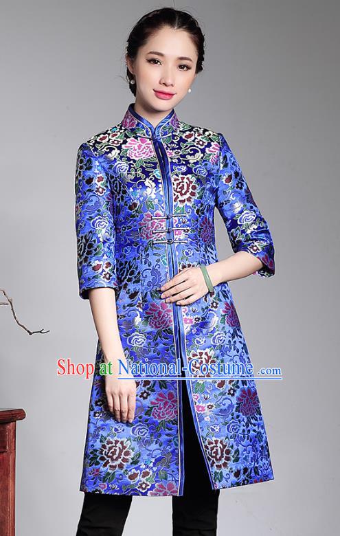 Traditional Chinese National Costume Blue Brocade Coats, Top Grade Tang Suit Stand Collar Cheongsam Dust Coat for Women