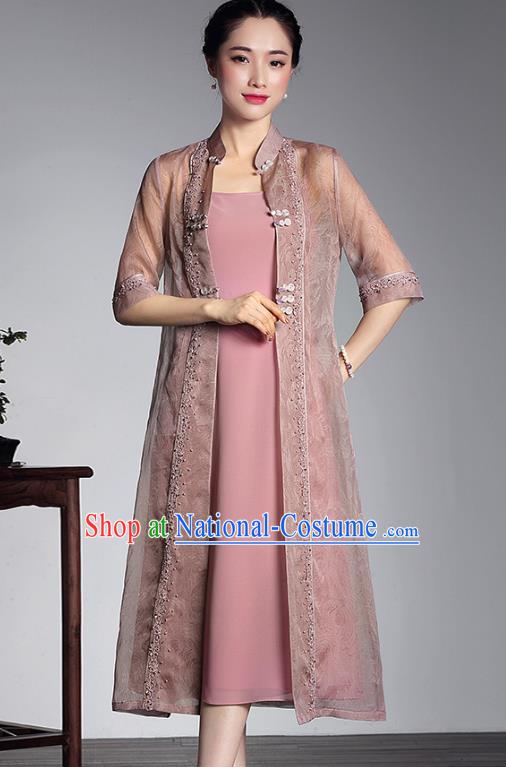 Traditional Chinese National Costume Pink Silk Coats, Top Grade Tang Suit Stand Collar Cheongsam Dust Coat for Women