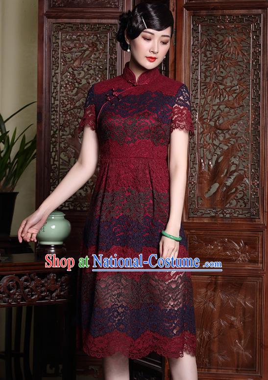 Traditional Chinese National Costume Red Lace Qipao Dress, Top Grade Tang Suit Stand Collar Cheongsam for Women