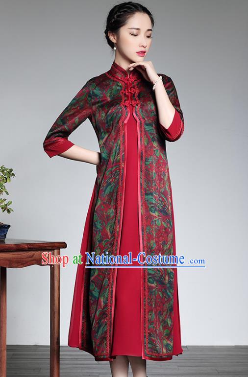 Traditional Ancient Chinese Young Lady Red Silk Printing Two-piece Cheongsam, Republic of China Stand Collar Qipao Tang Suit Dress for Women