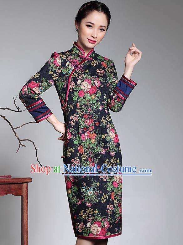 Traditional Ancient Chinese Young Lady Plated Buttons Printing Black Cheongsam, Asian Republic of China Qipao Tang Suit Dress for Women