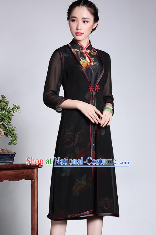 Traditional Ancient Chinese Young Lady Retro Black Silk Cheongsam Coats, Asian Republic of China Qipao Dust Coat Tang Suit Upper Outer Garment for Women