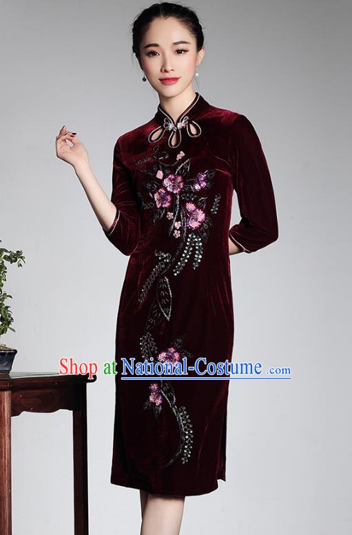 Traditional Ancient Chinese Young Lady Retro Wine Red Velvet Hot Drilling Cheongsam, Asian Republic of China Qipao Tang Suit Dress for Women