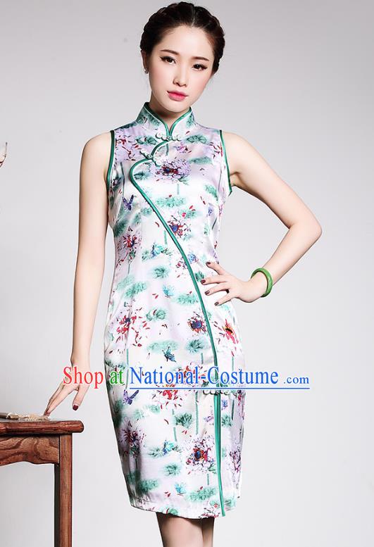 Traditional Ancient Chinese Young Lady Retro Stand Collar Printing Silk Cheongsam, Asian Republic of China Qipao Tang Suit Dress for Women