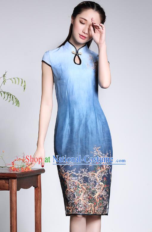 Traditional Ancient Chinese Young Lady Retro Stand Collar Printing Blue Silk Cheongsam, Asian Republic of China Qipao Tang Suit Dress for Women