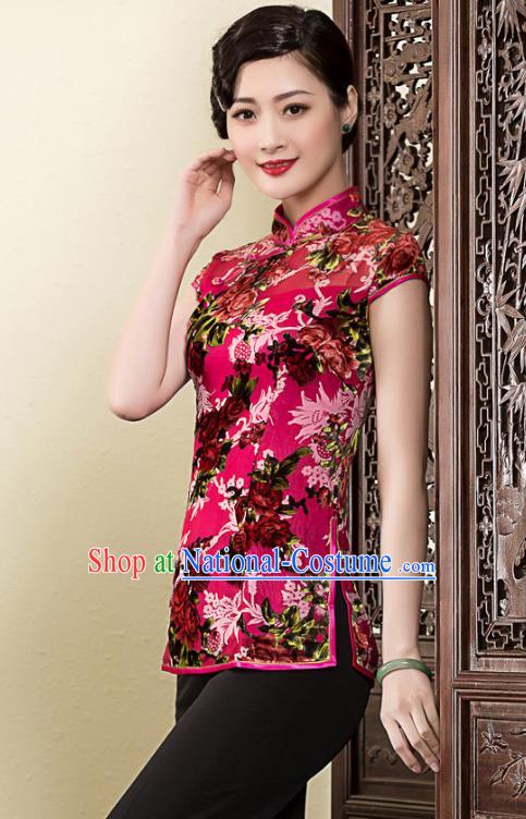 Traditional Ancient Chinese Young Lady Retro Stand Collar Printing Velvet Cheongsam Blouse, Asian Republic of China Qipao Tang Suit  Upper Outer Garment for Women