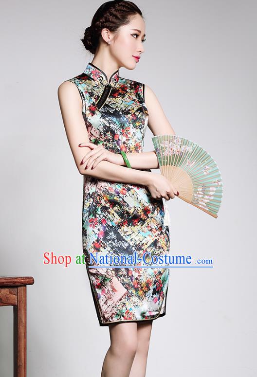 Traditional Ancient Chinese Young Lady Retro Stand Collar Printing Silk Cheongsam, Asian Republic of China Qipao Tang Suit Dress for Women