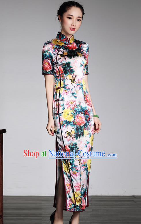 Traditional Ancient Chinese Young Lady Retro Stand Collar Printing Flowers Long Cheongsam, Asian Republic of China Qipao Tang Suit Dress for Women