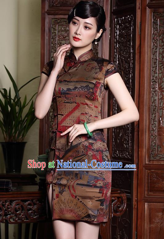 Asian Republic of China Top Grade Plated Buttons Watered Gauze Printing Cheongsam, Traditional Chinese Tang Suit Qipao Dress for Women