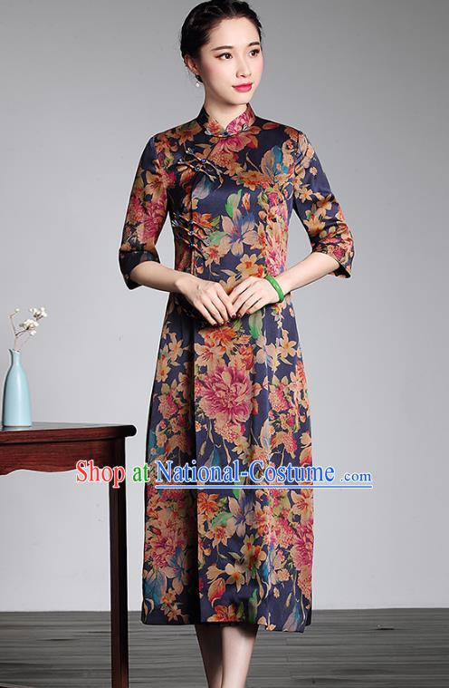 Asian Republic of China Top Grade Plated Buttons Printing Watered Gauze Long Cheongsam, Traditional Chinese Tang Suit Qipao Dress for Women