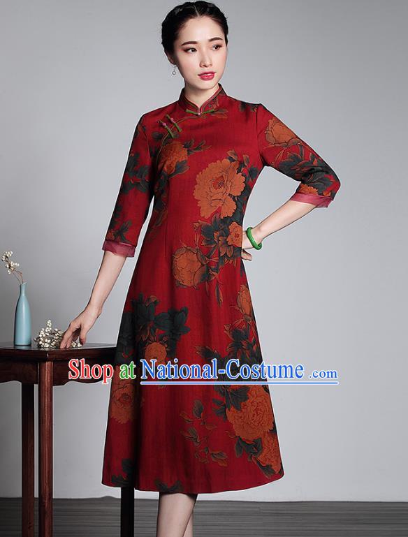 Asian Republic of China Top Grade Plated Buttons Printing Red Watered Gauze Long Cheongsam, Traditional Chinese Tang Suit Qipao Dress for Women