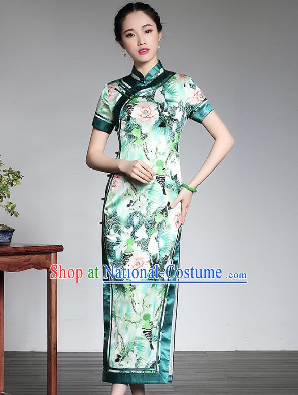 Asian Republic of China Top Grade Plated Buttons Printing Green Silk Long Cheongsam, Traditional Chinese Tang Suit Qipao Dress for Women