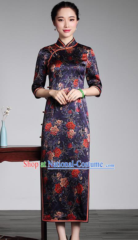 Asian Republic of China Top Grade Plated Buttons Printing Purple Silk Long Cheongsam, Traditional Chinese Tang Suit Qipao Dress for Women