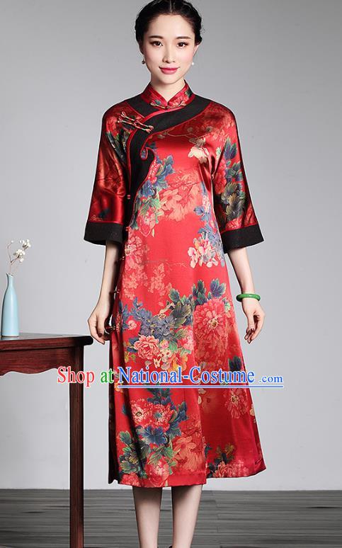 Asian Republic of China Top Grade Plated Buttons Printing Red Silk Long Cheongsam, Traditional Chinese Tang Suit Qipao Dress for Women