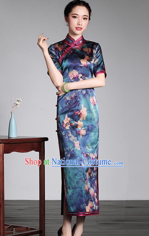 Asian Republic of China Top Grade Plated Buttons Printing Green Silk Long Cheongsam, Traditional Chinese Tang Suit Qipao Dress for Women