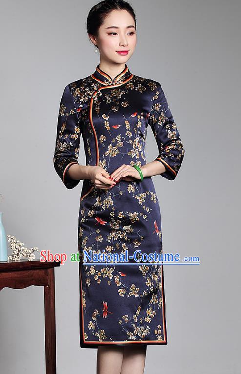 Asian Republic of China Top Grade Plated Buttons Printing Navy Silk Cheongsam, Traditional Chinese Tang Suit Qipao Dress for Women