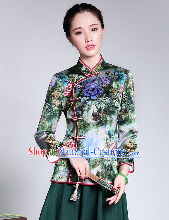 Traditional Ancient Chinese Young Lady Retro Stand Collar Printing Silk Short Cheongsam Blouse, Asian Republic of China Qipao Tang Suit Upper Outer Garment for Women