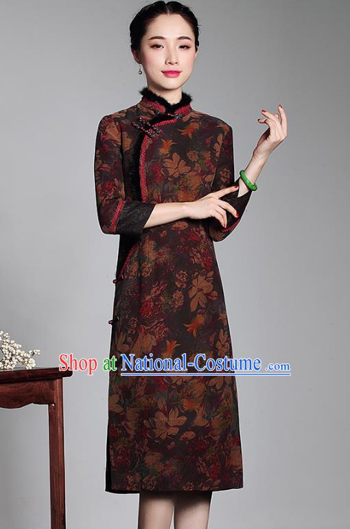 Asian Republic of China Top Grade Plated Buttons Printing Cheongsam, Traditional Chinese Tang Suit Qipao Dress Watered Gauze Robe for Women