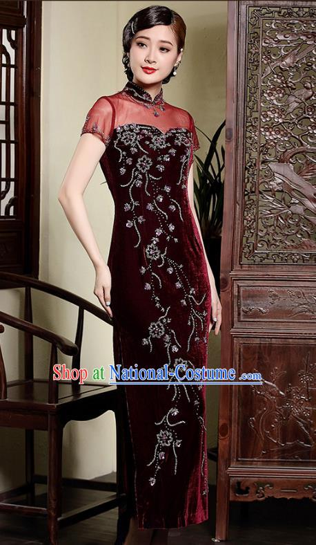 Traditional Ancient Chinese Young Lady Retro Stand Collar Wine Red Velvet Cheongsam, Asian Republic of China Qipao Tang Suit Dress for Women