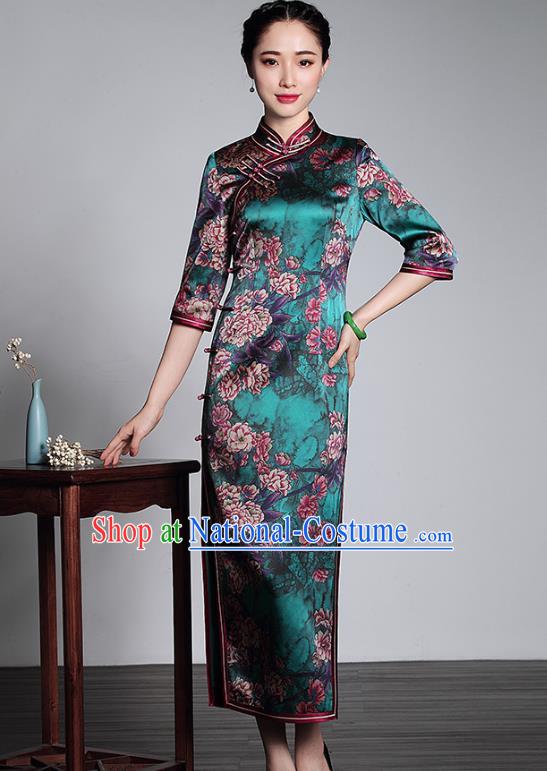 Asian Republic of China Top Grade Plated Buttons Printing Green Silk Cheongsam, Traditional Chinese Tang Suit Qipao Dress for Women