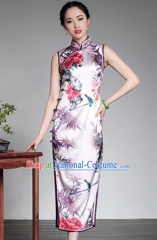 Top Grade Asian Republic of China Plated Buttons Printing Bamboo Cheongsam, Traditional Chinese Tang Suit Qipao Dress for Women