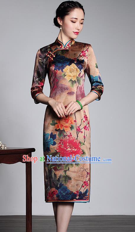 Top Grade Asian Republic of China Plated Buttons Printing Peony Cheongsam, Traditional Chinese Tang Suit Qipao Dress for Women