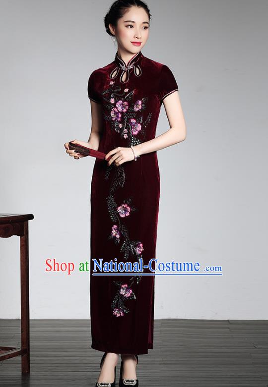 Top Grade Asian Republic of China Plated Buttons Wine Red Velvet Cheongsam, Traditional Chinese Tang Suit Qipao Dress for Women