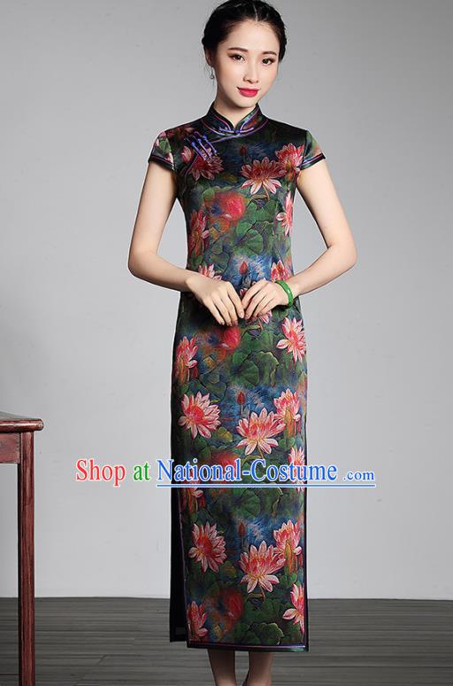 Top Grade Asian Republic of China Plated Buttons Green Silk Printing Lotus Cheongsam, Traditional Chinese Tang Suit Qipao Dress for Women